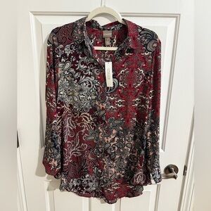 Chico's NEW Womens Baroque Paisley Flutter Tunic Blouse Red Wine size 1, M/8